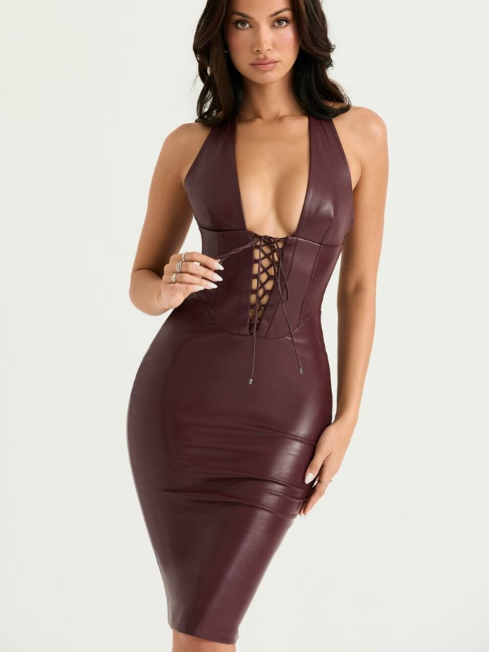 House of CB - Jaquetta - Wine Vegan Leather Midi Dress - Size XL